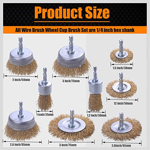 Wire Brush for Drill, 9 Pcs Brass Wire Wheel Brush for Drill, 1/4 Inch Hex Shank, Drill Wire Brush for Cleaning Rust, Stripping - style: Set of 9Pcs