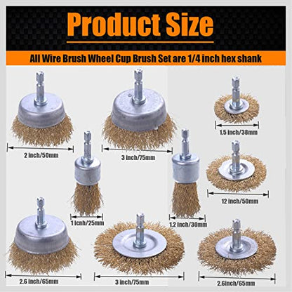 Wire Brush for Drill, 9 Pcs Brass Wire Wheel Brush for Drill, 1/4 Inch Hex Shank, Drill Wire Brush for Cleaning Rust, Stripping - style: Set of 9Pcs