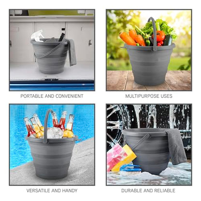 SIMPLEMADE Collapsible Bucket Cleaning Set - Includes 2 Foldable Buckets, Spray Bottle, Rag, Scrubbing Brush and Sponge - Holds Up to 10 liters, Easy Storage, All-Purpose Cleaning Solution - color: Gray