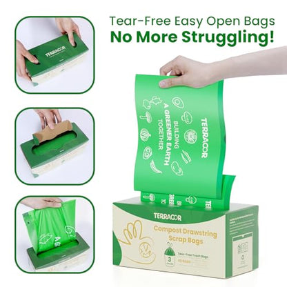 3 Gallon Compostable Trash Bags Drawstring, Heavy Duty Extra Thick 0.9 Mil, 45 Bags, Fits 2.6, 3, 4, 5 Gallon Countertop Bin Kitchen Food Scrap Waste Bag, ASTM D6400 - size: 3 Gallon