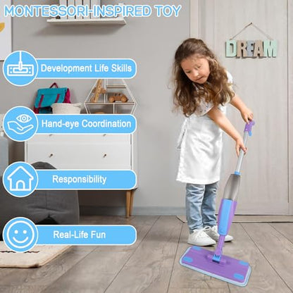 Kids Spray Mop, Real Working Toddler Cleaning Set with Water Sprayer & 2 Washable Mop Pads & Scraper, Pretend Play Montessori Housekeeping Toys Gifts for Toddlers Kids Girls Boys (Blue&Purple)