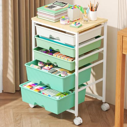Goovilla Rolling Cart with Drawers, Utility Cart Organizer With 5 Removable Drawers and Wooden Tabletop, Lockable Rolling Storage Organizer for Art, Classroom, Home, Dorm, Office, Craft Storage, Green - size: Green