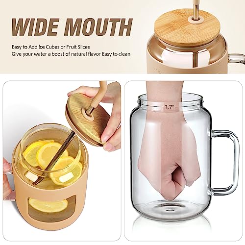 WINSA 50 oz Glass Water Bottles with Silicone Sleeve,Glass Tumbler with Lid and Straw,Iced Coffee Cup with Handle,BPA Free-Amber - color: Amber
