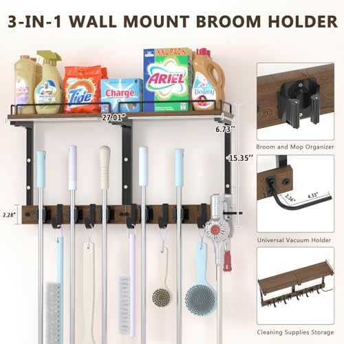 Mop Holder Wall Mount with Cleaning Supplies Organizer, Wood Mop and Broom Hanger Rack Organizer with Anti-Fall Wall Shelf with 5 Clips & Hooks for Garage Laundry Room Kitchen (Dark) - color: Dark