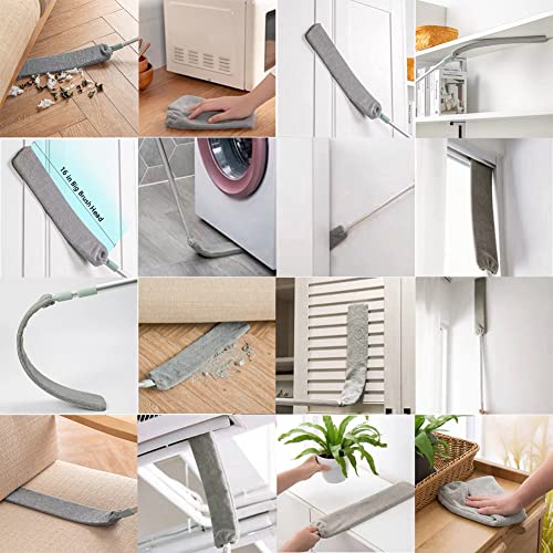 Dust Brush Under Appliance Microfiber Duster with Extension Pole (40 to 55 inches) Bendable, Washable, Extendable Gap Dusters for Sofa Bed Furniture Bottom - Wet or Dry Gray