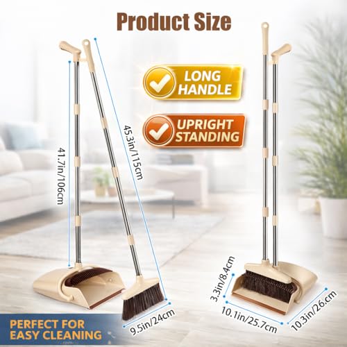 Broom and Dustpan Set with Long Handle and 6 Bonus Cleaning Tools, Upright Standing Combo with Self-Cleaning Teeth & Windproof Dustpan for Pet Hair, Home, Kitchen, Garage, Apartment - color: Beige&coffee