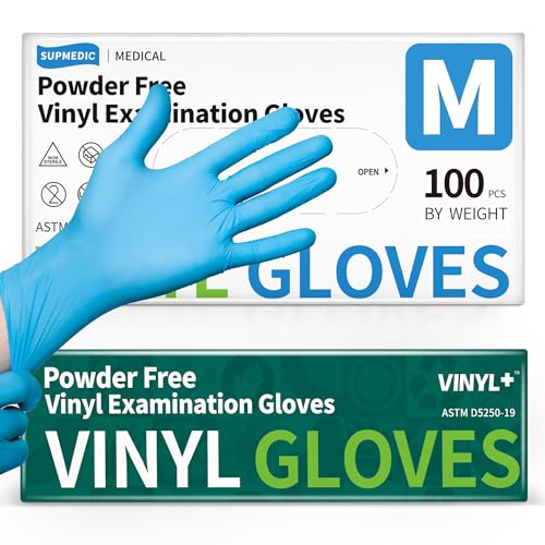 Supmedic Vinyl Disposable Exam Gloves, 4Mil Powder-Free Latex-Free Food Grade Cooking Cleaning Medical Glove Blue 100&1000 Ct - color: 100 Medium (Blue)