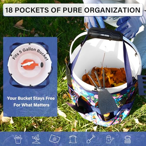 KUNN 18-Pocket Bucket Tool Organizer | Heavy-Duty 5 Gallon Bucket Caddy with Hangable Handle | Gardening Tool Bag & Garden Caddy Accessory for Gardeners, Blue - style: Blue Bloom