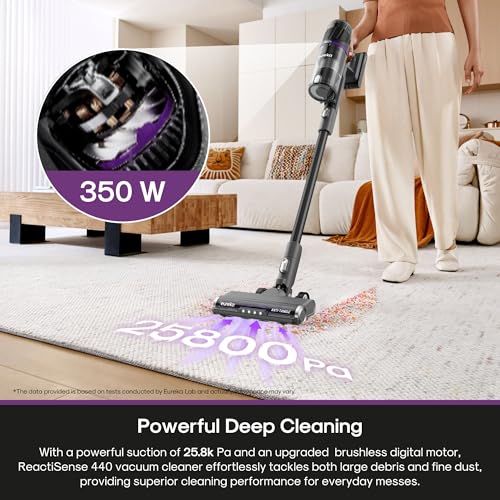 Eureka Cordless Stick Vacuum Cleaner ReactiSense 440, 60-Min Runtime, Anti-Tangle Brushroll, Intelligent Sensing Technology, Ideal for Pet Hair, HardFloors & Carpets - size: NEC440BK