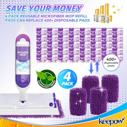 KEEPOW Reusable Microfiber Mop Pads Compatible with Swiffer PowerMop 4 Pack, Power Mop Pads Refills for 13 ''-15 '' Spray Mop, Machine Washable Pad Replacement for Multi-Surface Floor Cleaning - color: Purple 4 Pack