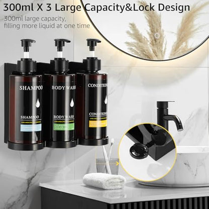 Shampoo and Conditioner Dispenser Set of 3,Shower Soap Dispenser Wall Mounted No Drill,Refillable Shampoo Pump Bottles with Waterproof Labels,Body Wash Dispenser Set for Bathroom,12.85 Oz *3 Chamber