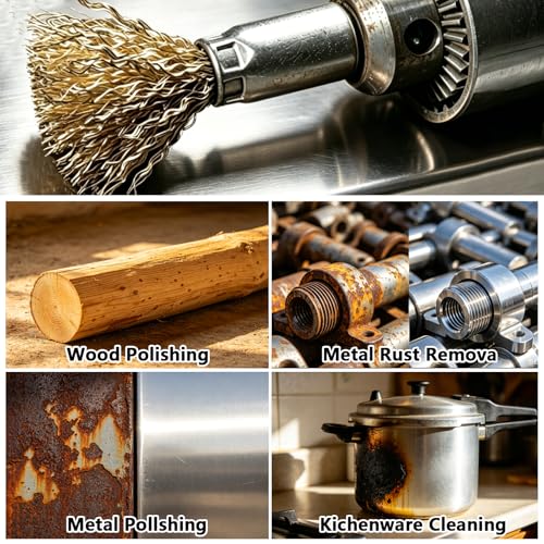 Brass Coated Wire Brush Set for Drill, 1/4 Inch Shank,Crimped Carbon Steel Bristles for Rust Removal, Paint Stripping, Corrosion Cleaning, Surface Scrubbing, Deburring (6 Sizes,30pcs) - size: 6 sizes,30pcs