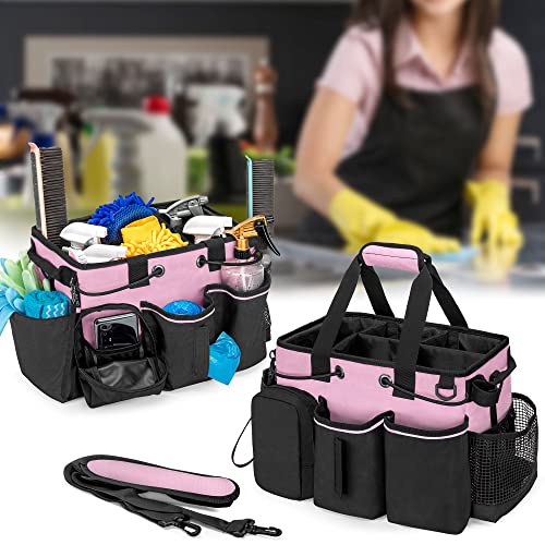 LoDrid Large Professional Cleaning Caddy with Detachable Divider, Supply Organizer with Handle and Shoulder Strap, Cleaning Bags for Housekeepers & Cleaners, Pink - color: Pink