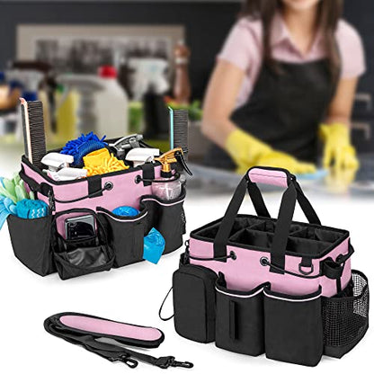 LoDrid Large Professional Cleaning Caddy with Detachable Divider, Supply Organizer with Handle and Shoulder Strap, Cleaning Bags for Housekeepers & Cleaners, Pink - color: Pink