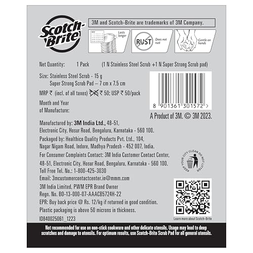 Scotch-Brite 1 Stainless Steel Scrubber (15g) and 2 Scrub pads Combo