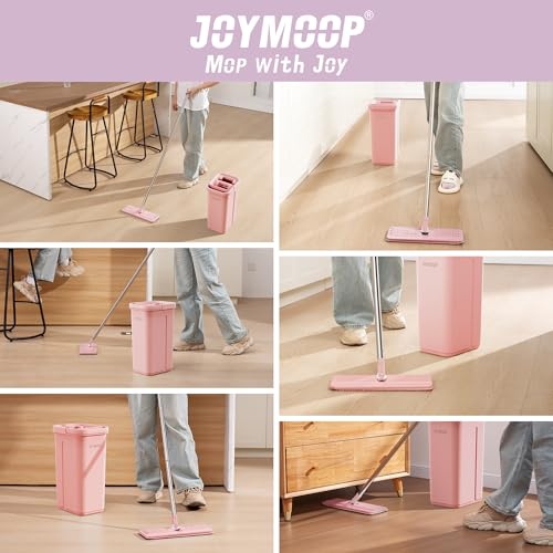 JOYMOOP Pink Mop and Bucket with Wringer Set for Home, with 3 Reusable Microfiber Mop Pads, Hands-Free Self-Cleaning System, Suitable for Floor Cleaning and Wall Cleaner - size: Middle Pink Bucket #13 + 60" Flat Mop + 3 Pads