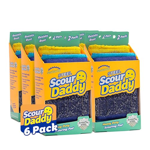 Scrub Daddy Steel Scouring Pad Scrub Sponges - Stainless Steel Scour Daddy - Stainless Steel Fibers Do What Scrubbing Sponges Can't - Durable, Shred-Resistant Scrubbing Pads - 2 Count (6 Pack) - style: Scour Daddy Steel
