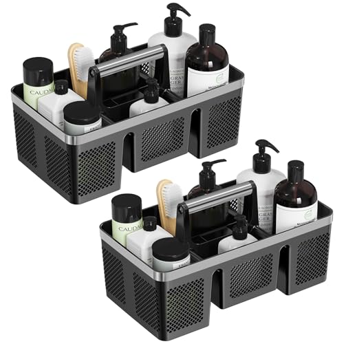 BYUNER 2Pack Plastic Shower Caddy: Portable Hard Bathroom Basket Tote with Handle, 4 Divided Compartments, All-Side Drainage, Non-Mesh Shower & Cleaning Caddy Organizer for College Dorm, Black/Silver - color: 2pc Black/Silver