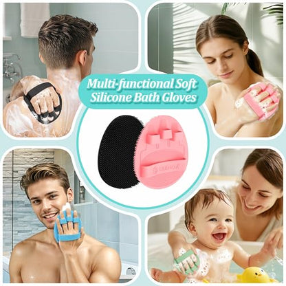 Back Scrubber for Shower & Silicone Bath Glove Set, 19’’ Detachable Long Handle Body Scrubber Wet or Dry Brush, Adjustable 2-in-1 Back & Body Brush with Soft Bristles for Deep Cleaning(Pink) - color: Back Scrubber-pink