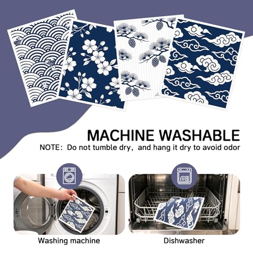 4 PCS Swedish Dishcloths, Japanese Pattern Reusable Kitchen Dish Cloths, Super Absorbent Cellulose Sponge Cloths, Odor Resistant, Dishwasher Safe & Multi-Purpose Cleaning Cloths - color: Japanese Pattern