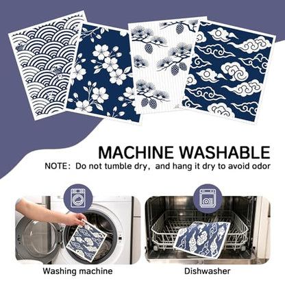 4 PCS Swedish Dishcloths, Japanese Pattern Reusable Kitchen Dish Cloths, Super Absorbent Cellulose Sponge Cloths, Odor Resistant, Dishwasher Safe & Multi-Purpose Cleaning Cloths - color: Japanese Pattern