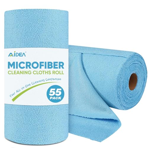 AIDEA Microfiber Cleaning Cloth Roll, Blue Shop Towels 55 Sheets Washable, Microfiber Towels for Cars, Blue Rags Reusable Paper Towel for Automotive, Workshop, House, Kitchen, Cleaning Supplies11×9" - color: Blue, size: 55 Count (Pack of 1)
