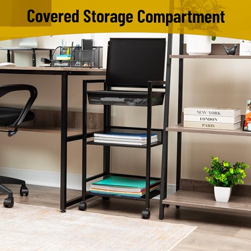 Mind Reader Cart with Covered Compartment, Office Organizer, Storage, 3-Tier, Office, Metal, 15.5" L x 11" W x 28.25" H, Black - style: 3-Tier with Handles