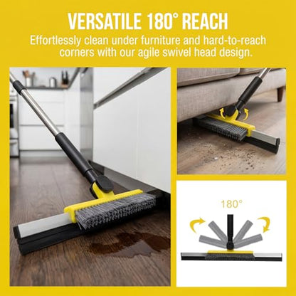 Floor Squeegee Scrubber, Squeegee Broom with 54” Adjustable Handle, Water Squeegee with Grout Brush,Shower Floor Scrubber for Garage Courtyard,Glass, Bathroom,Kitchen,Wall,Tile (YELLOW)