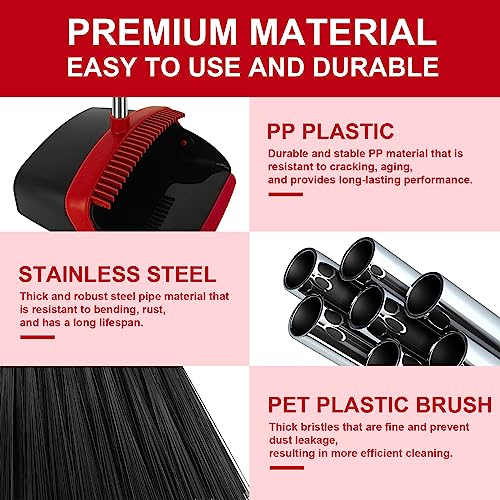Broom and Dustpan Set, Heavy Duty Large Household Broom with Dustpan Combo Set, 55 Inch Long Handle, Red Dust Pan Combo Set for Home