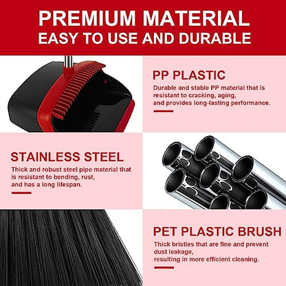 Broom and Dustpan Set, Heavy Duty Large Household Broom with Dustpan Combo Set, 55 Inch Long Handle, Red Dust Pan Combo Set for Home