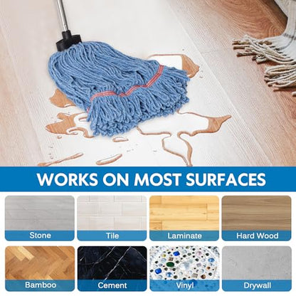 Matthew Large Commercial&Residential Mop Heavy Duty Industrial Mops w/Screw-on handle(Fit Standard American Screw)Looped-End String Wet Cotton Mops for Home,Office,Warehouse - 1 Set&2 Mop Replacements - color: Medium Mop Stick(screw-on), size: 1 Looped En