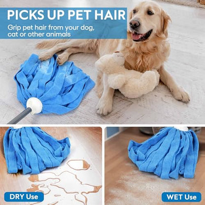 Matthew Microfiber Mop Compatible with Ceda Refill - Commercial Mop Replacement 54" Stainless Steel Handle with 2 Wet Mop Heads w/1 Handle Incl. 2 Pcs Blue Microfiber Cloth - color: Blue