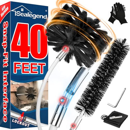 Sealegend 40 Feet Dryer Vent Cleaner Kit/Lint Remover/Upgraded Flexible Quick-Snap Brush with Drill Attachment/Fireplace Chimney Brushes for Easy to Use/Works with or Without Power Drill - size: 40FEET