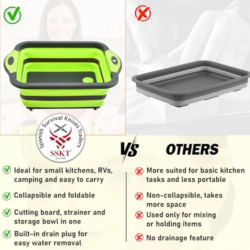 SSKT 3-in-1 Collapsible Cutting Board – Multifunctional Kitchen Sink Tub Basin with Drain, Chopping Board & Washing up Bowl – Space-Saving & Portable for Kitchen, Camping, RV, & Outdoor Use (Green) - color: Green