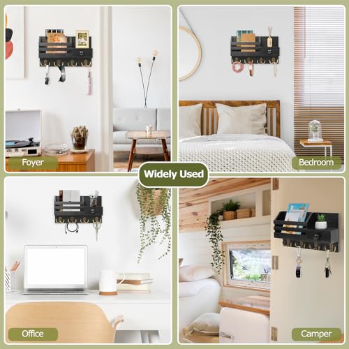 Key Holder Wall Mount, Wooden Adhesive Mail and Key Organizer with Drawer, Small Shelf, 8 Hooks, 2 Installation Methods, Black - color: Black