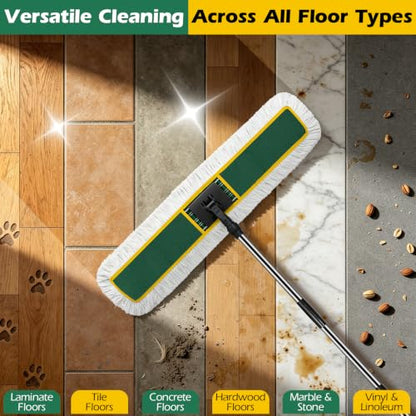 MASTERTOP 40" Commercial Dust Mop for Floor Cleaning, Heavy Duty Flat Mop | Industrial 64" Long Handle Push Broom with 2 Cotton Pads for Hardwood, Tile, Laminate, Concrete, Warehouse & Gym Cleaning - color: Green(40"*8.3")