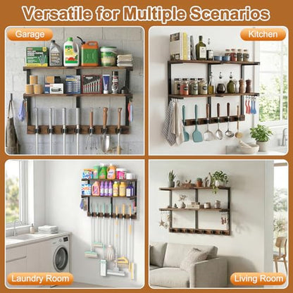 Housolution 2 Tier Broom Holder Wall Mount with Cleaning Supplies Organizer, 100 LBS High Load-Bearing Laundry Room Storage Shelves, Multifunctional Mop Hanger Rack with 7 Grippers & 8 Hooks - size: 7 Grippers with 2 Tier Shelf