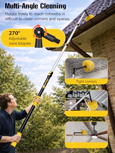 5-18ft Cobweb Duster with Extension Pole, Opow 25ft High Reach Spider Web Brush, Aluminum Telescopic Pole, Webster Duster with 2 Washable Heads and Universal Joint Angle Adaptor for Outdoor & Indoor - size: 18 feet