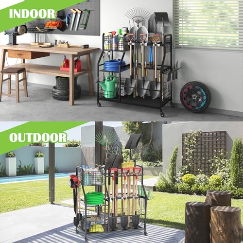 keomaisyto Garden Tool Organizer with Heavy Duty Wheels for Garage - with 2 Baskets, Large Yard Tool Organizer and Storage Holder, Utility Garden Tool Rack for/Shed/Garage/Yard/Basement/Lawn - size: Extra Extra Large-with Industrial Wheels