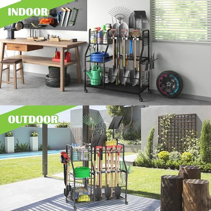 keomaisyto Garden Tool Organizer with Heavy Duty Wheels for Garage - with 2 Baskets, Large Yard Tool Organizer and Storage Holder, Utility Garden Tool Rack for/Shed/Garage/Yard/Basement/Lawn - size: Extra Extra Large-with Industrial Wheels