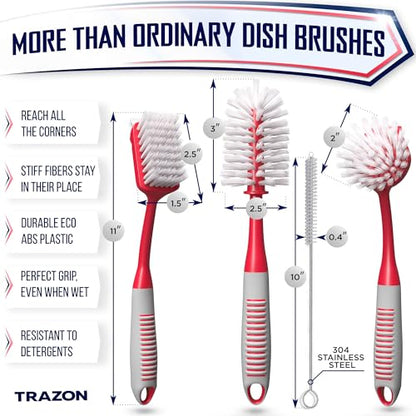 Dish Brush Set of 4 - Kitchen Scrub Brushes with Non-Slip Long Handle for Cleaning, Scrubber, Dishwashing, Dishes, Bottles, Straws, Cups, Pots & Sink, Red - color: Red, Set of 4