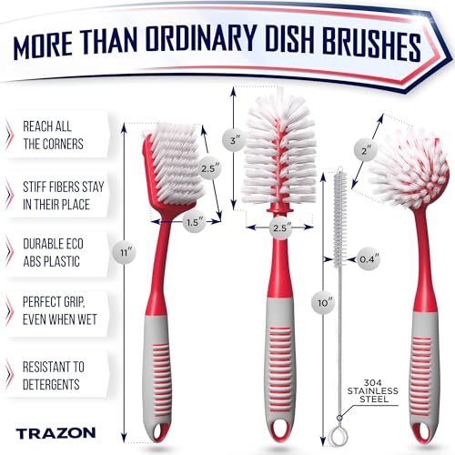 Dish Brush Set of 4 - Kitchen Scrub Brushes with Non-Slip Long Handle for Cleaning, Scrubber, Dishwashing, Dishes, Bottles, Straws, Cups, Pots & Sink, Red - color: Red, Set of 4