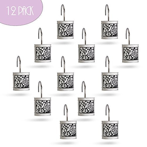 Creative Scents Crackled Glass Silver Shower Curtain Hooks Decorative | Set of 12 Shower Curtain Rings for Bathroom Shower Rod - Silver Bathroom Accessories Decor - style: Shower Curtain Hooks