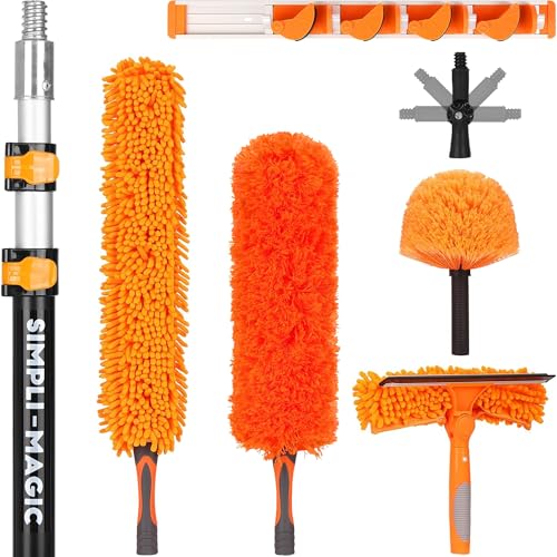 Simpli-Magic 20 Foot High Ceiling Duster Kit with 5-12ft Heavy Duty Extension Pole,High Reach Duster for Cleaning,Microfiber Feather Duster,Cobweb & Ceiling Fan Duster,Window Squeegee & Cleaner,Orange - color: Orange