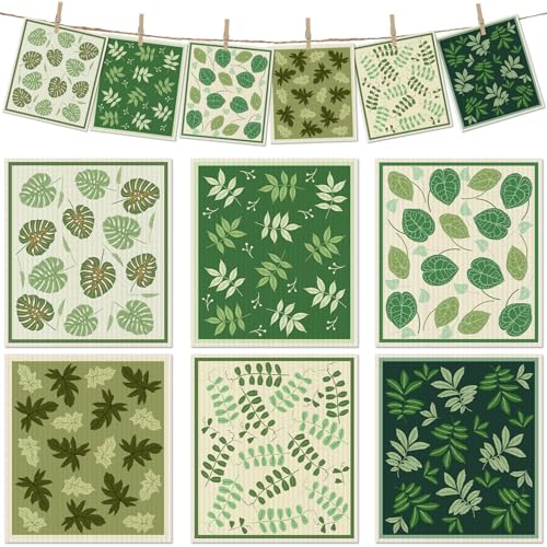 6 Packs Swedish Paper Cloths for Kitchen, Reusable Paper Towels Washable Dish Rags, Highly Absorbent Kitchen Towels Quick Drying Swedish Sponge Cleaning Dish Cloths(Green Plant Leaves) - color: Green Plant Leaves