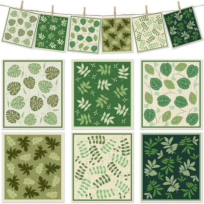6 Packs Swedish Paper Cloths for Kitchen, Reusable Paper Towels Washable Dish Rags, Highly Absorbent Kitchen Towels Quick Drying Swedish Sponge Cleaning Dish Cloths(Green Plant Leaves) - color: Green Plant Leaves