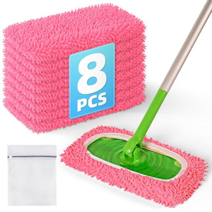 8 Pack Reusable Mop Pads Compatible with Swiffer Sweeper Mop, Wet and Dry Chenille Sweeping Cloths, Washable Pads Refill, Microfiber Pads for Multi-Surface/Hardwood Floor Cleaning (Pink) - color: Pink
