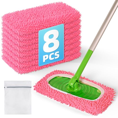 8 Pack Reusable Mop Pads Compatible with Swiffer Sweeper Mop, Wet and Dry Chenille Sweeping Cloths, Washable Pads Refill, Microfiber Pads for Multi-Surface/Hardwood Floor Cleaning (Pink) - color: Pink