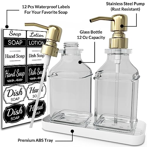 LMQML Soap Dispenser - 2 Pack, Antique Design Thick Glass Hand Soap Dispensers with Sturdy Tray; 304 Rust Proof Stainless Steel Pump, 12Pcs Stickers, for Kitchen, Bathroom - color: Gold