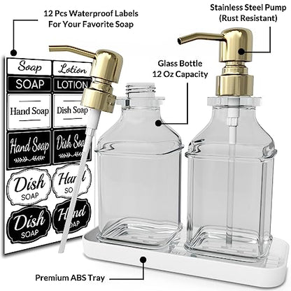 LMQML Soap Dispenser - 2 Pack, Antique Design Thick Glass Hand Soap Dispensers with Sturdy Tray; 304 Rust Proof Stainless Steel Pump, 12Pcs Stickers, for Kitchen, Bathroom - color: Gold